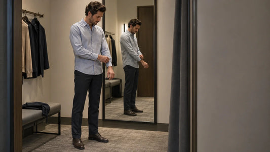 Tall slender man checking shirt sleeve length, shirt-body length and trouser length in a fitting room before choosing a size