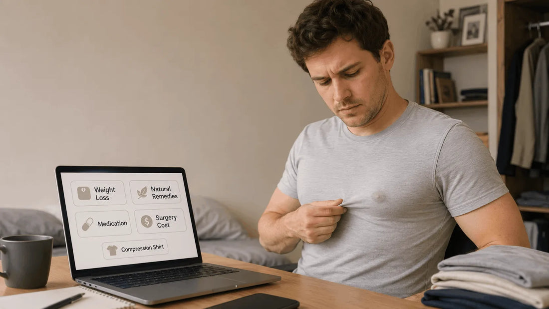 average-build man comparing weight loss supplements medication and surgery options for gynecomastia while chest projection remains visible through his T-shirt