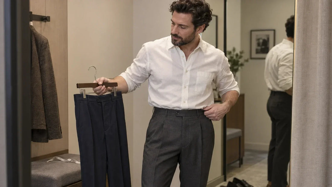 Illustrates the decision moment of choosing trouser rise and fit. It must not imply a real VEROSHAPE customer, a documented wear test, or one universally correct waistband height.