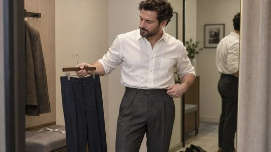 Illustrates the decision moment of choosing trouser rise and fit. It must not imply a real VEROSHAPE customer, a documented wear test, or one universally correct waistband height.