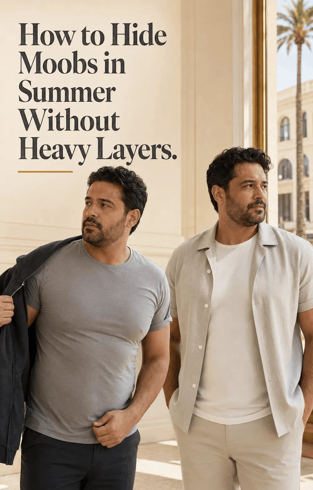Bigger man comparing a heavy hoodie with a light structured summer shirt system in hot weather