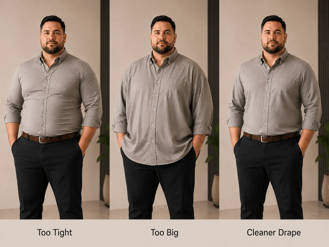 Same man wearing tight, oversized and better-fitting shirts to show how men can look slimmer in a shirt