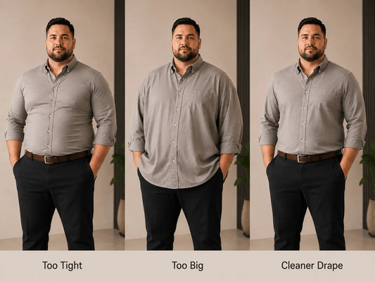 Same man wearing tight, oversized and better-fitting shirts to show how men can look slimmer in a shirt