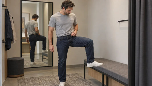 Man with muscular thighs testing jean mobility by lifting one knee in a fitting room