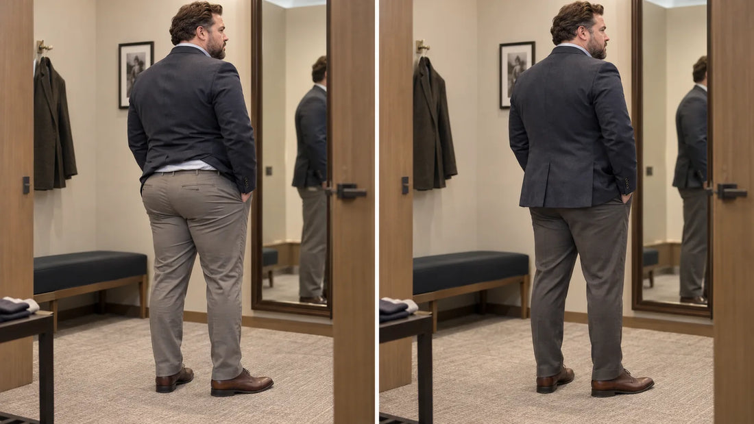  Same adult man shown in two rear three-quarter outfits, one with pulling and bunching around the seat and one with cleaner pants, shirt and jacket fit  