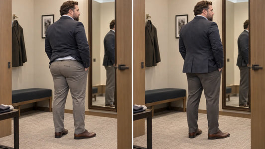  Same adult man shown in two rear three-quarter outfits, one with pulling and bunching around the seat and one with cleaner pants, shirt and jacket fit  