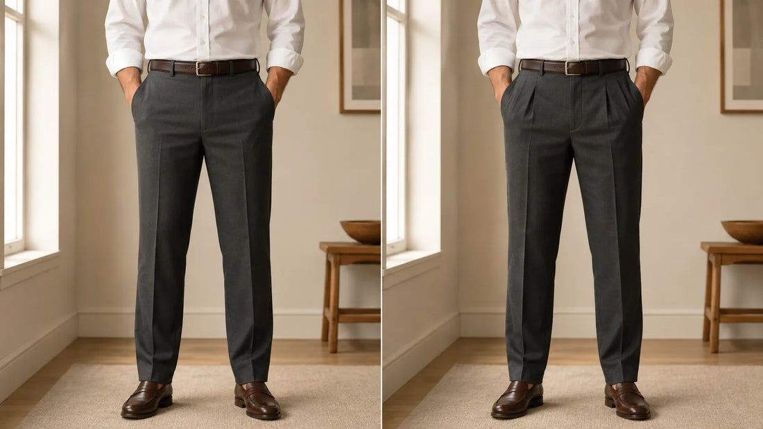 Same man wearing well-fitted flat-front and single-pleat trousers side by side