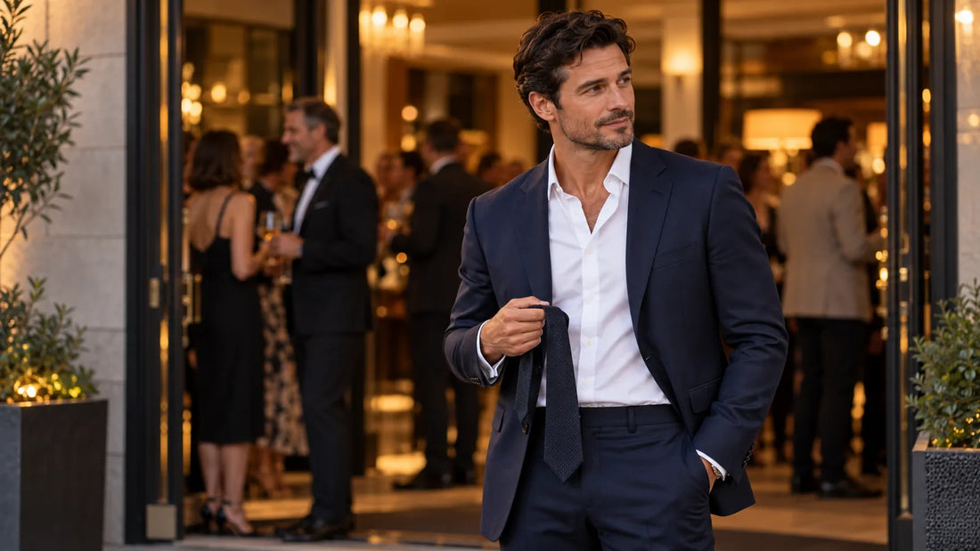 Man in a navy suit without a tie holding a tie while preparing to enter a formal-social event