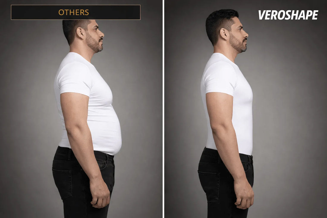 Side profile comparison of a man wearing a fitted white t-shirt showing smoother stomach and cleaner silhouette with VEROSHAPE compression tank versus others shapewear
