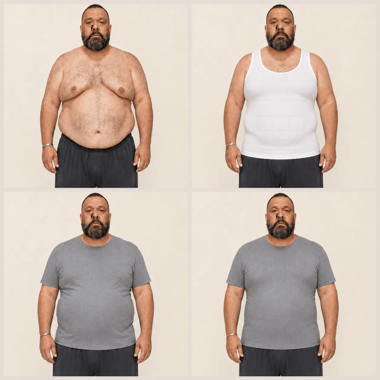 Four-panel before-and-after style comparison of a bearded man wearing dark shorts, showing a shirtless view in the top left and tank top, short-sleeve shirt, and slim fit short-sleeve shirt in the top right, bottom left, and bottom right respectively against a light beige background.