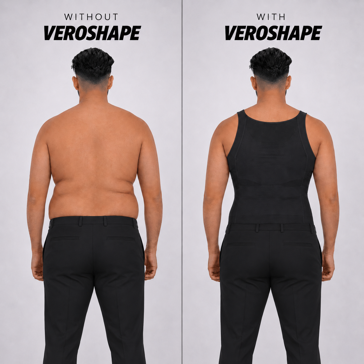 Comparison of a person wearing black Compression tank top for men with and without Veroshape 