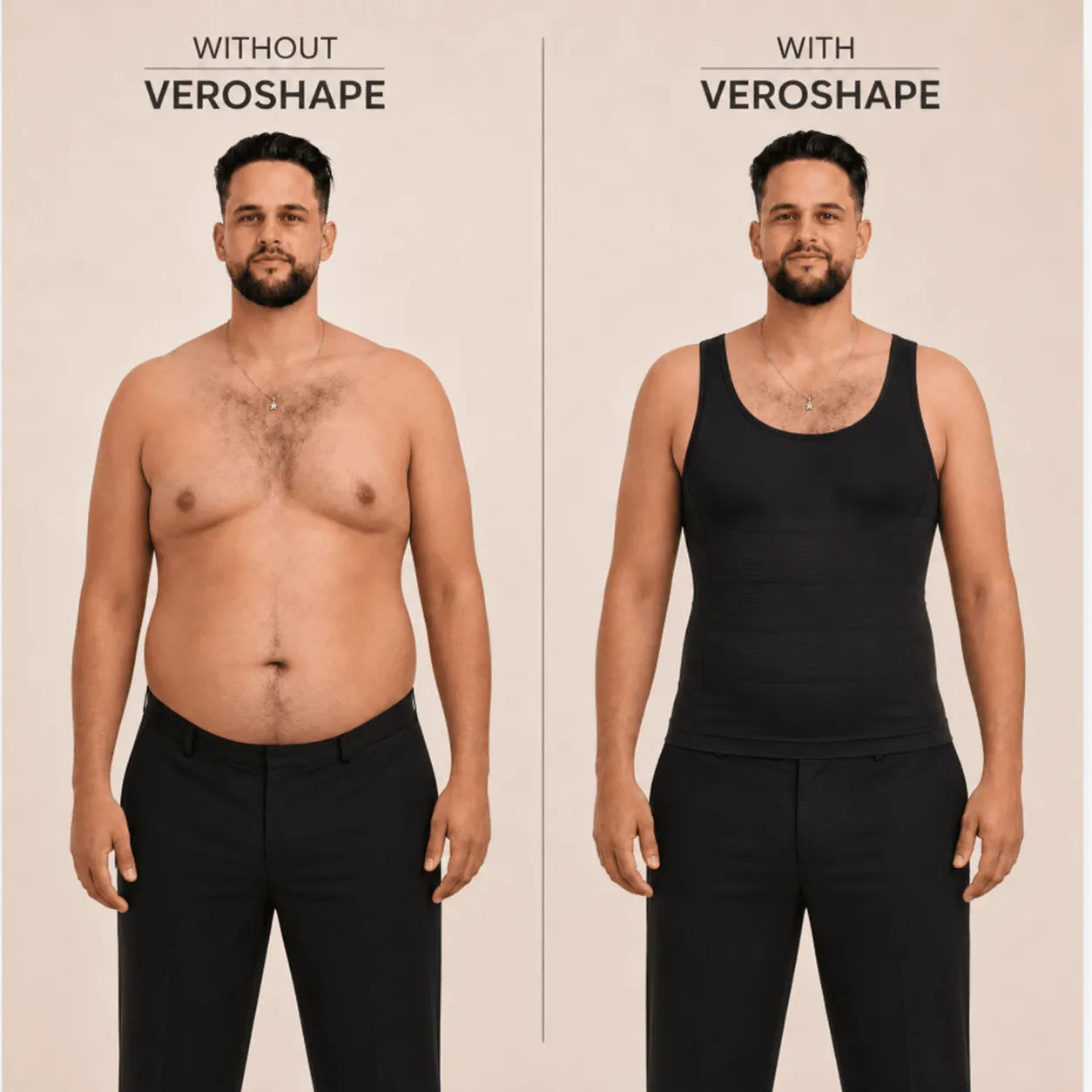 Comparison of a man wearing a black Compression tank top with and without 'VEROSHape' 