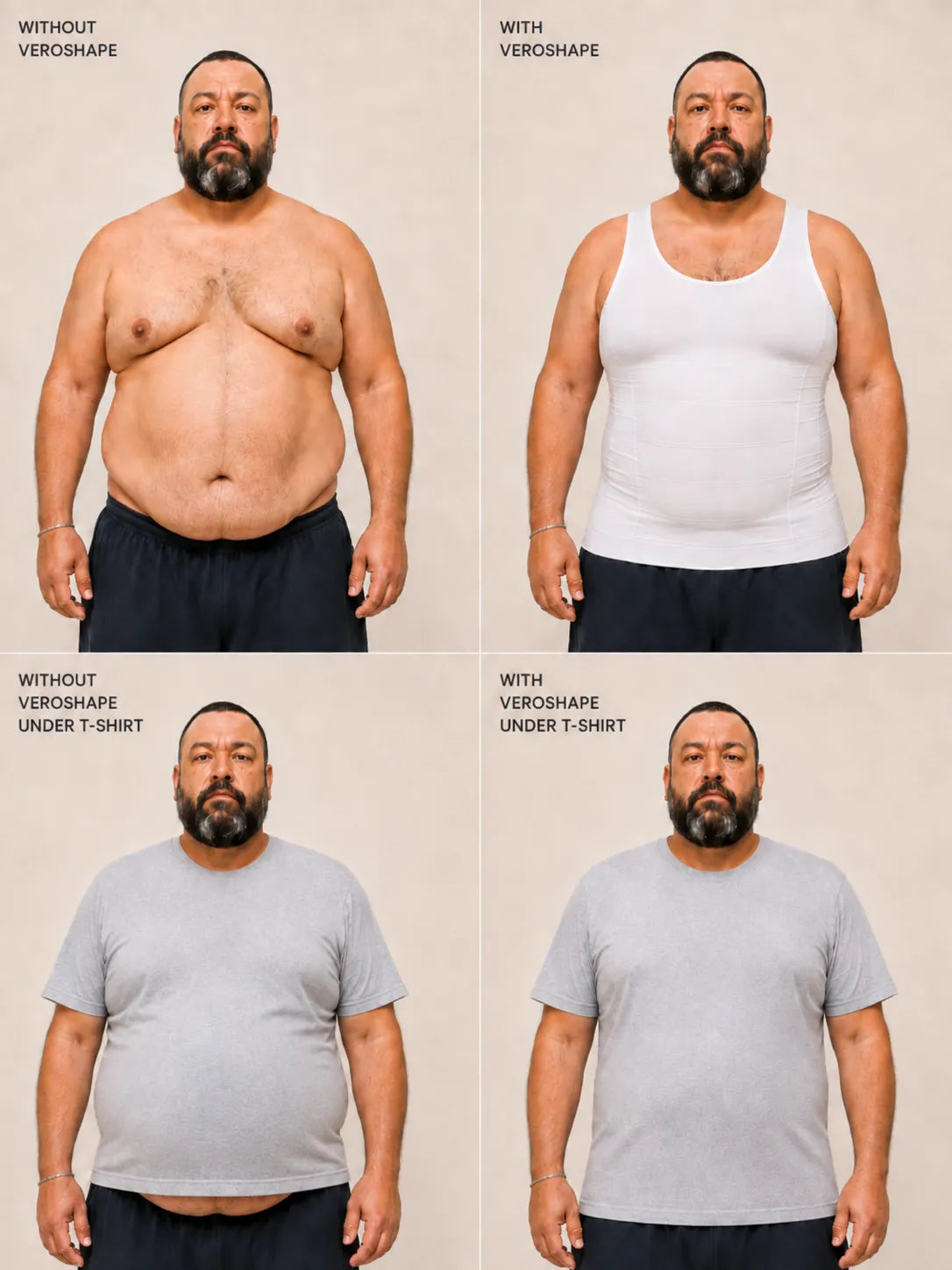Bigger man in a T-shirt with VEROSHAPE underneath, showing lower-belly containment and a cleaner shirt hem.