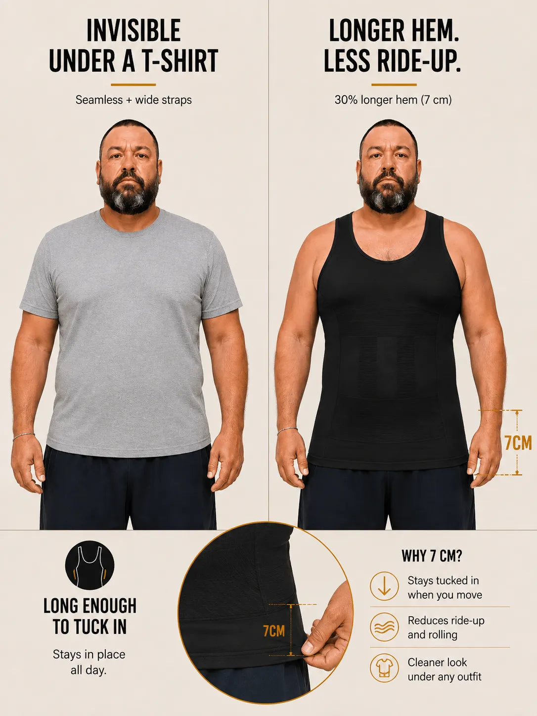 VEROSHAPE under a T-shirt beside its long 7 cm hem designed to stay tucked and reduce ride-up.