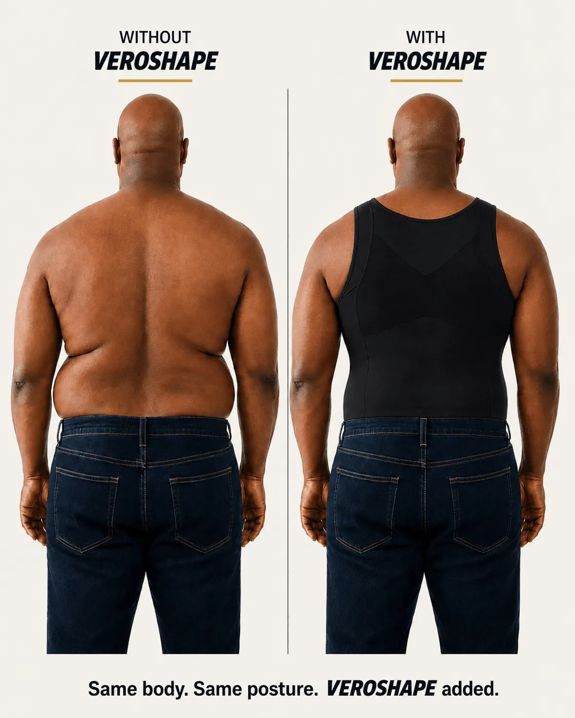 Rear view without and with the black VEROSHAPE compression tank, showing love-handle and back smoothing