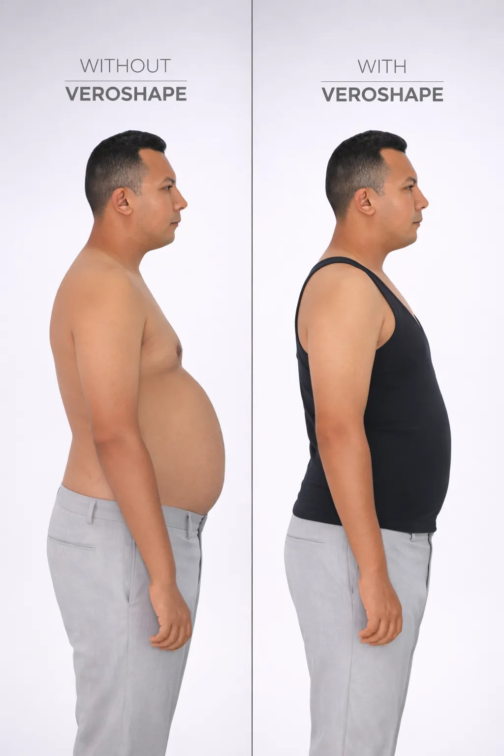 Side profile comparison showing belly flattening effect with VEROSHAPE compression shirt for men