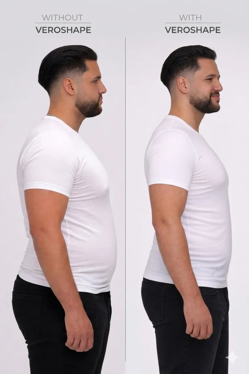 Body shaper for men under white t-shirt side view — belly and love handles hidden with VEROSHAPE compression