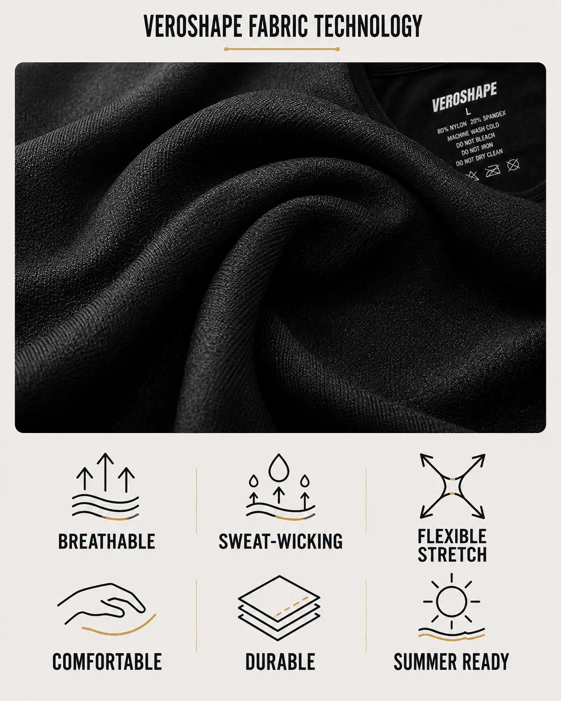 Close-up of black VEROSHAPE performance fabric with breathable, sweat-wicking and stretch features