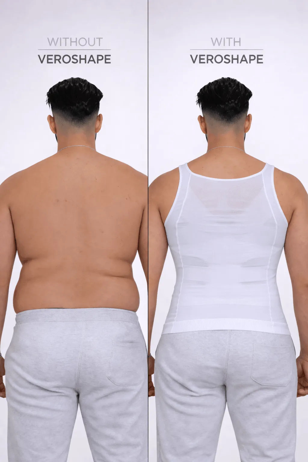 Men's shapewear before and after back view — back fat and love handles compressed with VEROSHAPE white tank