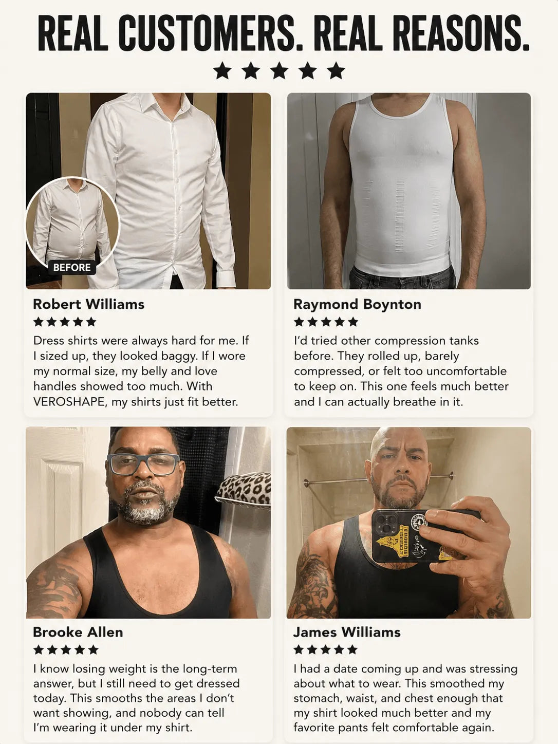 VEROSHAPE customer reviews with real photos discussing shirt fit, comfort, belly compression and everyday wear.