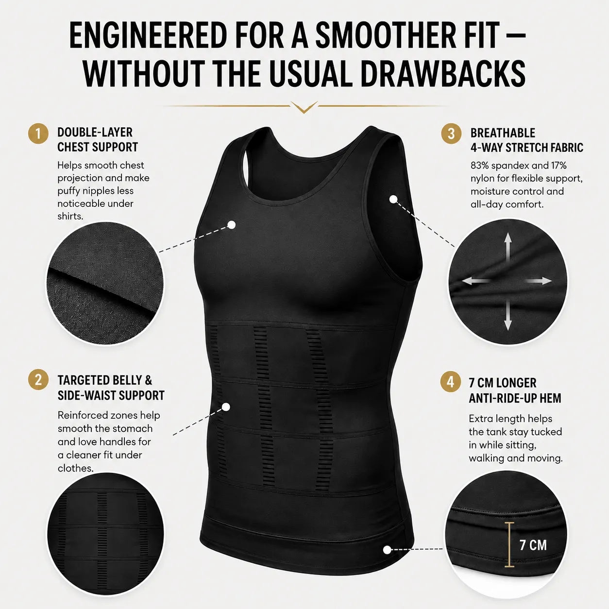 VEROSHAPE compression tank infographic showing double-layer chest support, belly and side-waist zones, four-way stretch fabric and a longer hem.