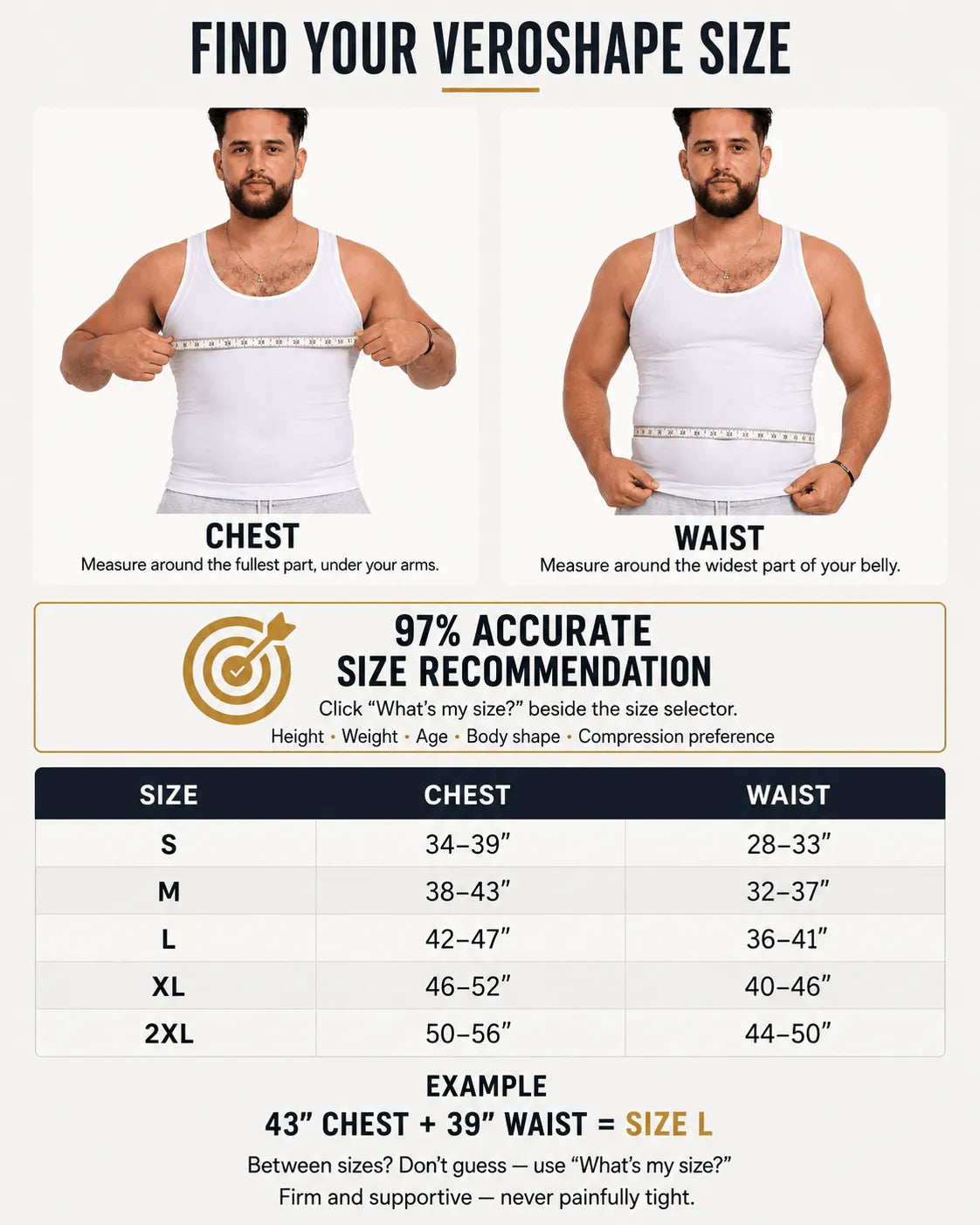 VEROSHAPE men’s compression tank size guide with chest and waist measurements from S to 2XL