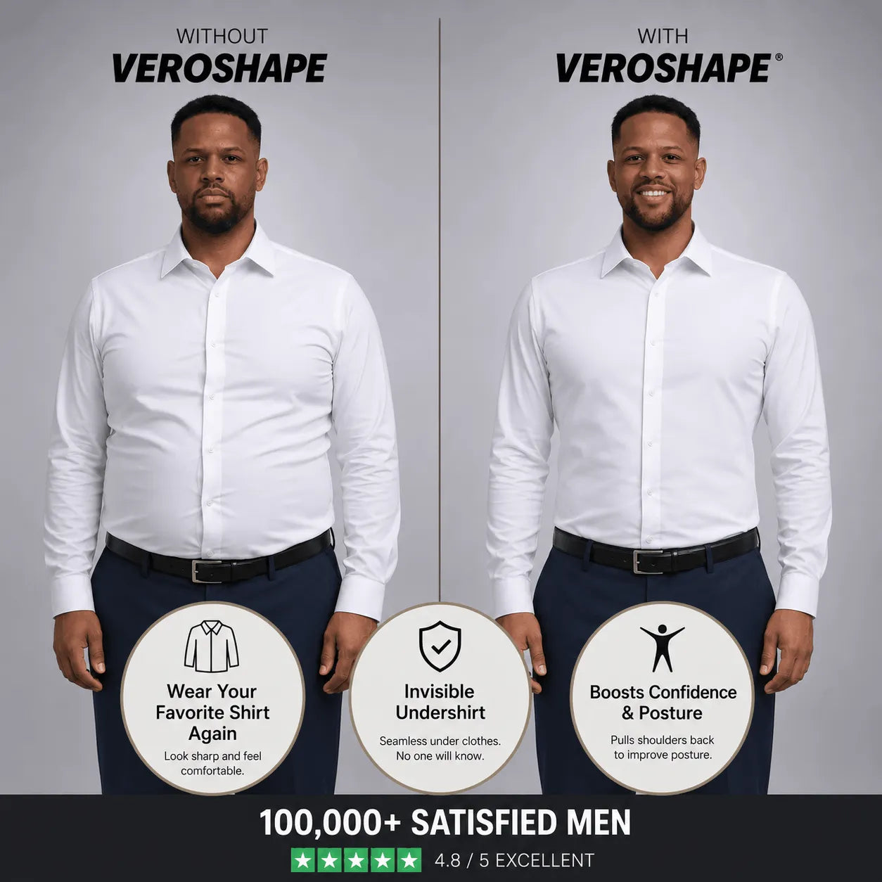 Man wearing the same white dress shirt without and with a VEROSHAPE compression undershirt, showing a smoother chest, stomach and waistline.