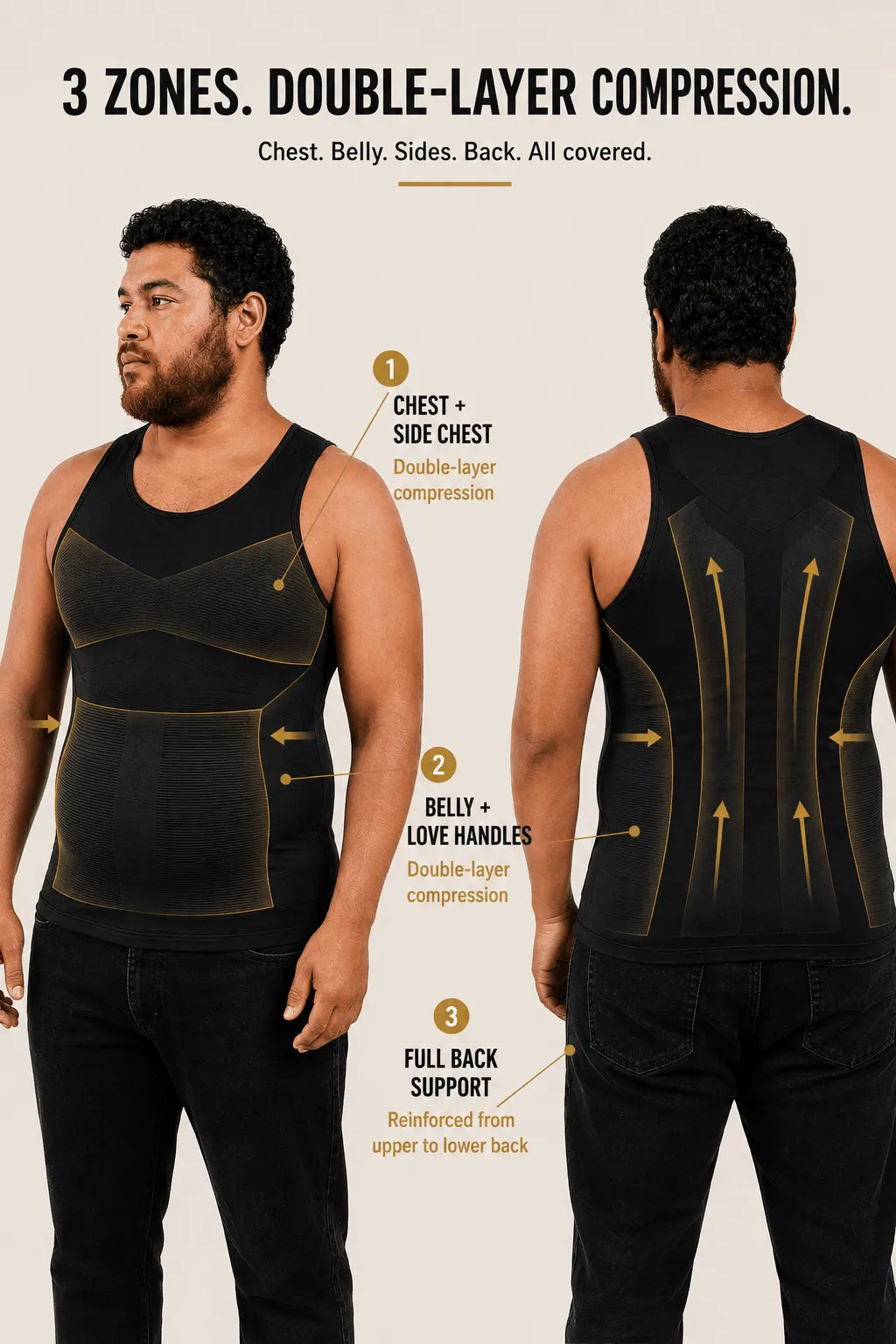 VEROSHAPE double-layer compression zones across chest, side chest, belly, love handles and reinforced back.