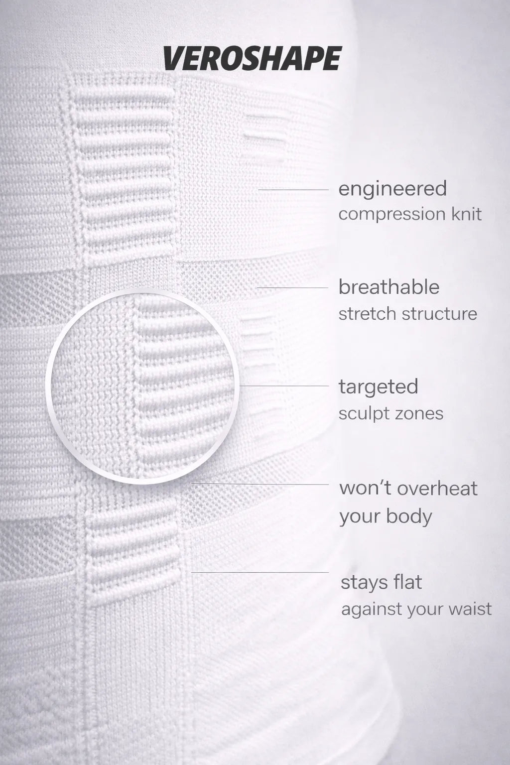 Close up of VEROSHAPE engineered compression knit fabric showing breathable stretch structure and sculpt zones