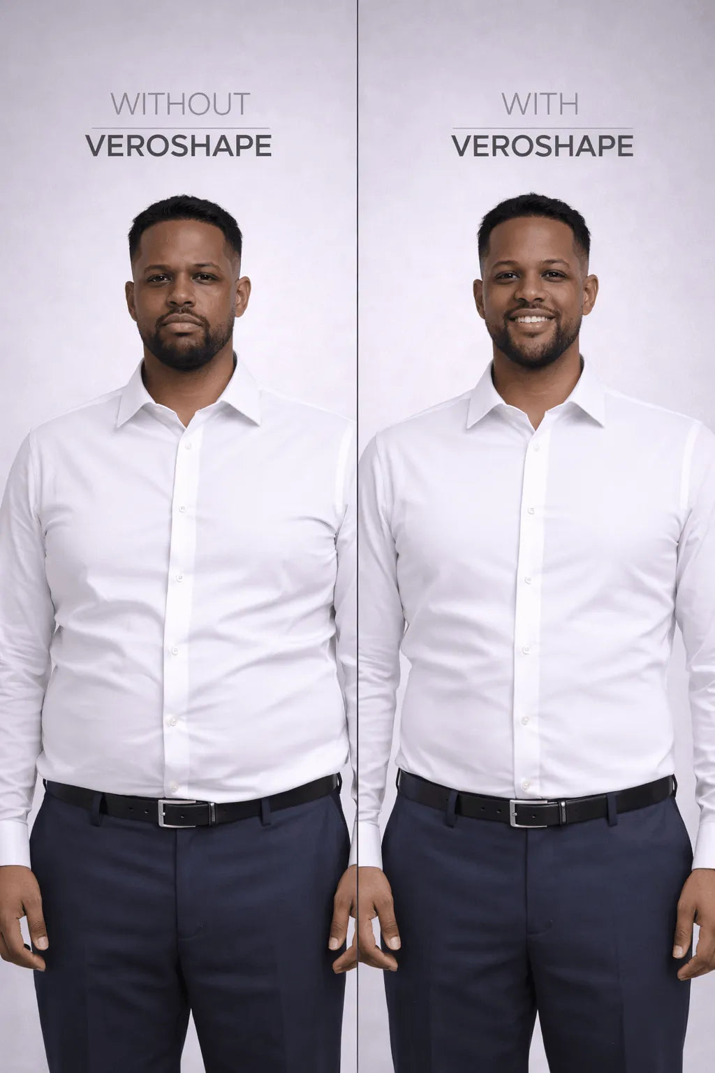 Shapewear for men before and after under white dress shirt — smoother stomach and confident posture with VEROSHAPE
