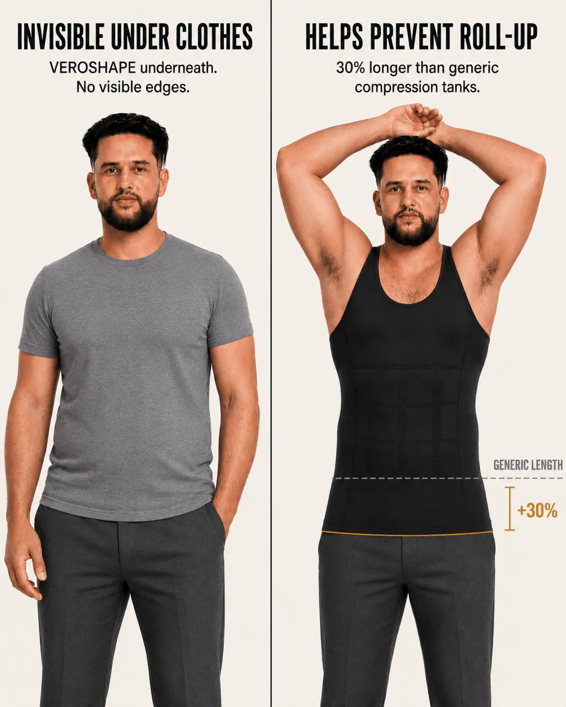 VEROSHAPE hidden under a gray T-shirt beside its longer anti-roll design with arms raised