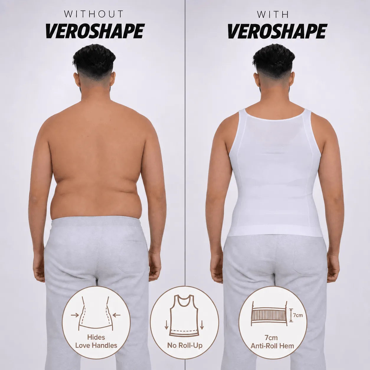 Back-view comparison of a man without and with the VEROSHAPE compression tank, showing a smoother waistline and extended anti-ride-up hem.
