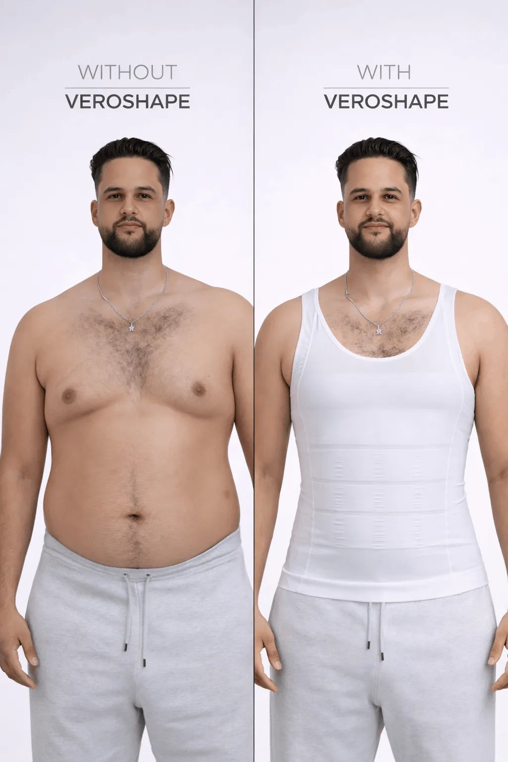 Before and after wearing VEROSHAPE men compression shirt showing chest smoothing and stomach slimming effect