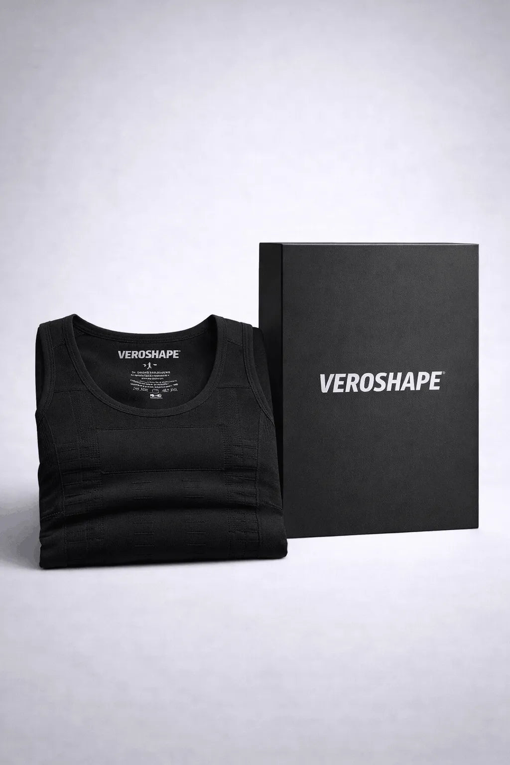 VEROSHAPE men compression shirt folded next to premium black packaging box