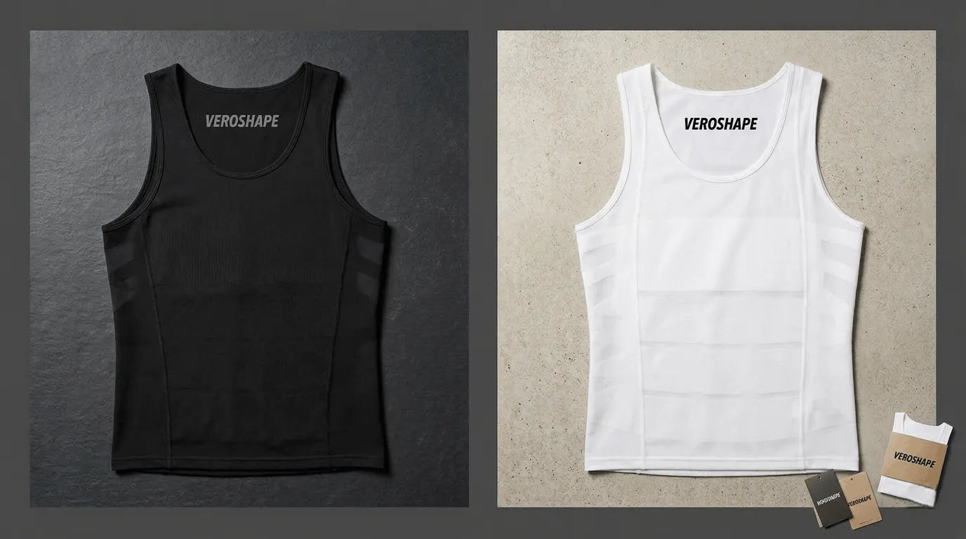 VeroSHAPE men's compression tanks in black and white designed to smooth the torso and create a slimmer silhouette under clothing