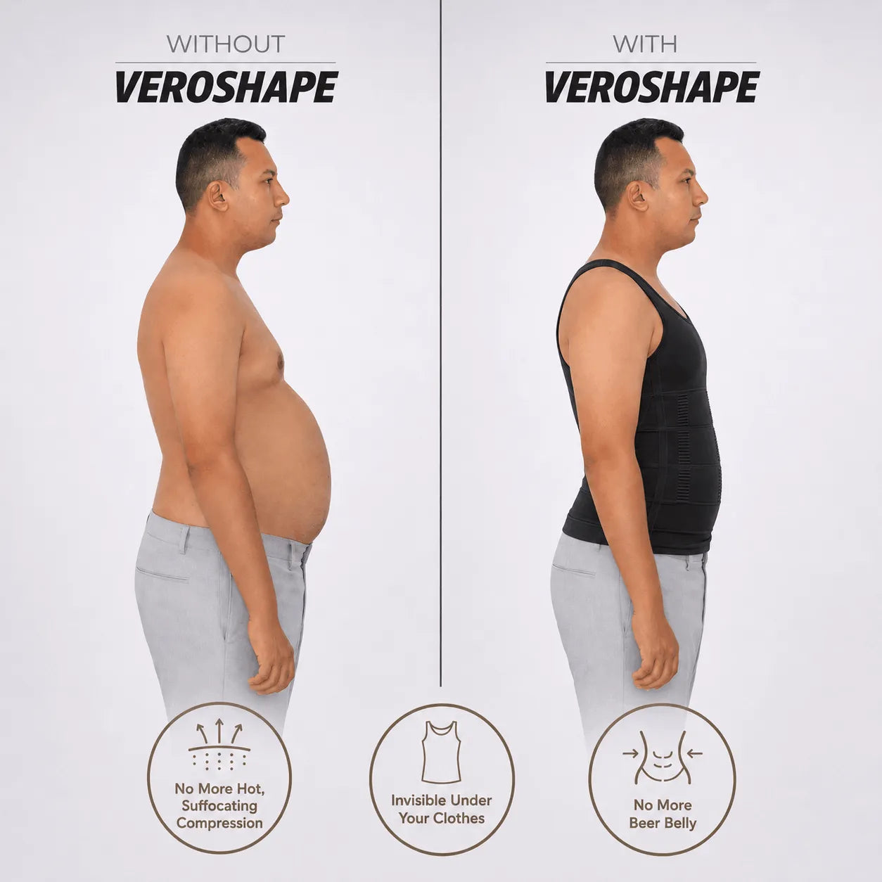Side-view comparison of a man without and with the black VEROSHAPE compression tank, showing a smoother belly profile under the garment.