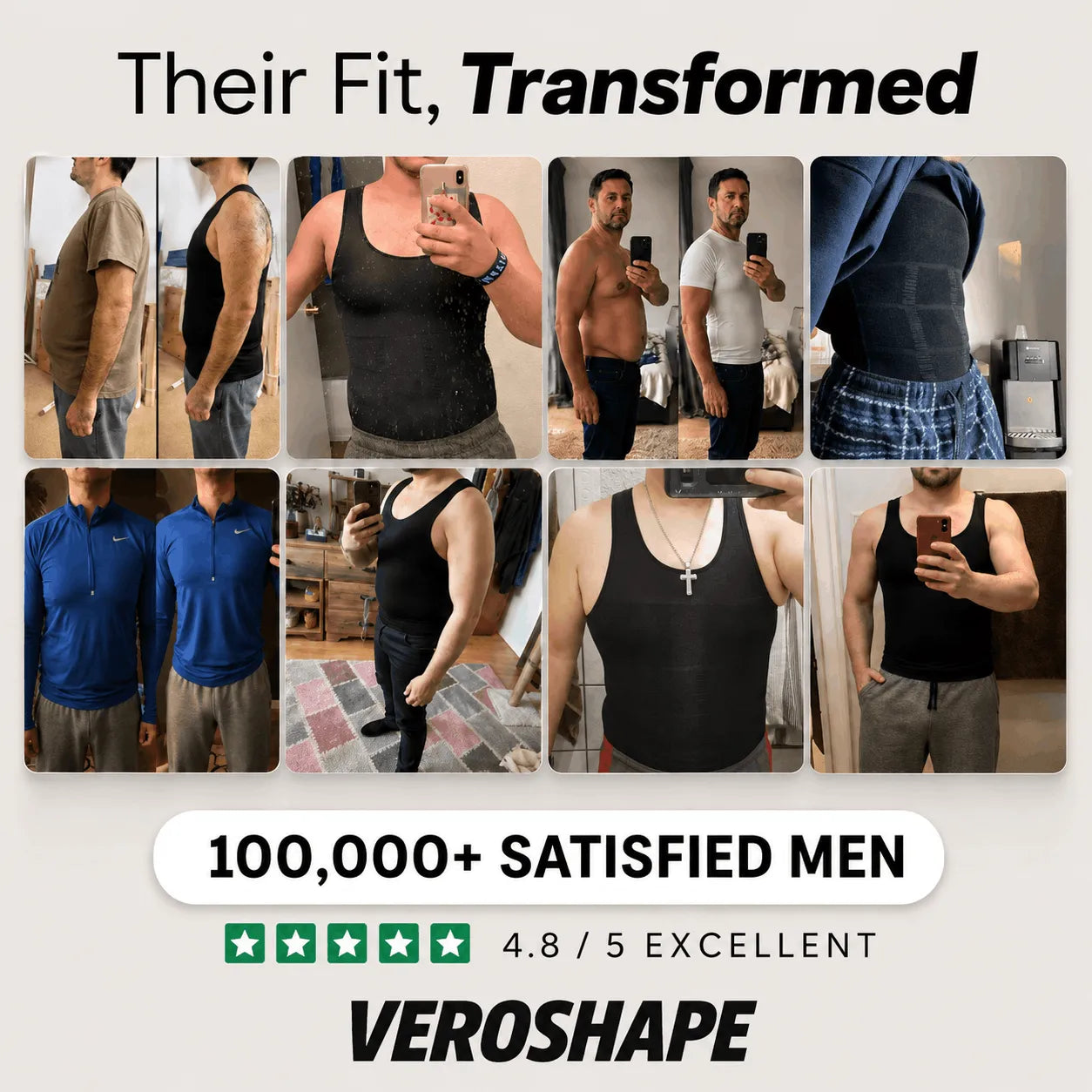 Collage of men wearing VEROSHAPE compression tanks and showing smoother clothing fit across the chest, belly and waistline.