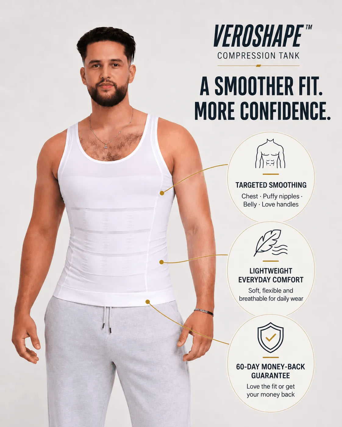 Men wearing the white VEROSHAPE compression tank, showing targeted chest, belly and love-handle smoothing