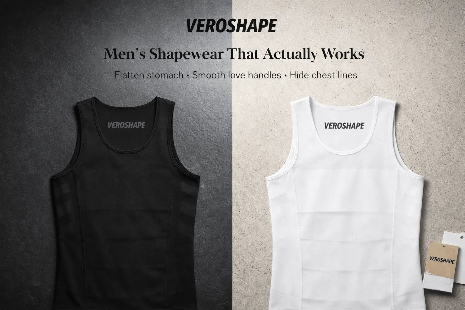 VeroSHAPE men's shapewear compression tanks in black and white designed to flatten the stomach and smooth the torso