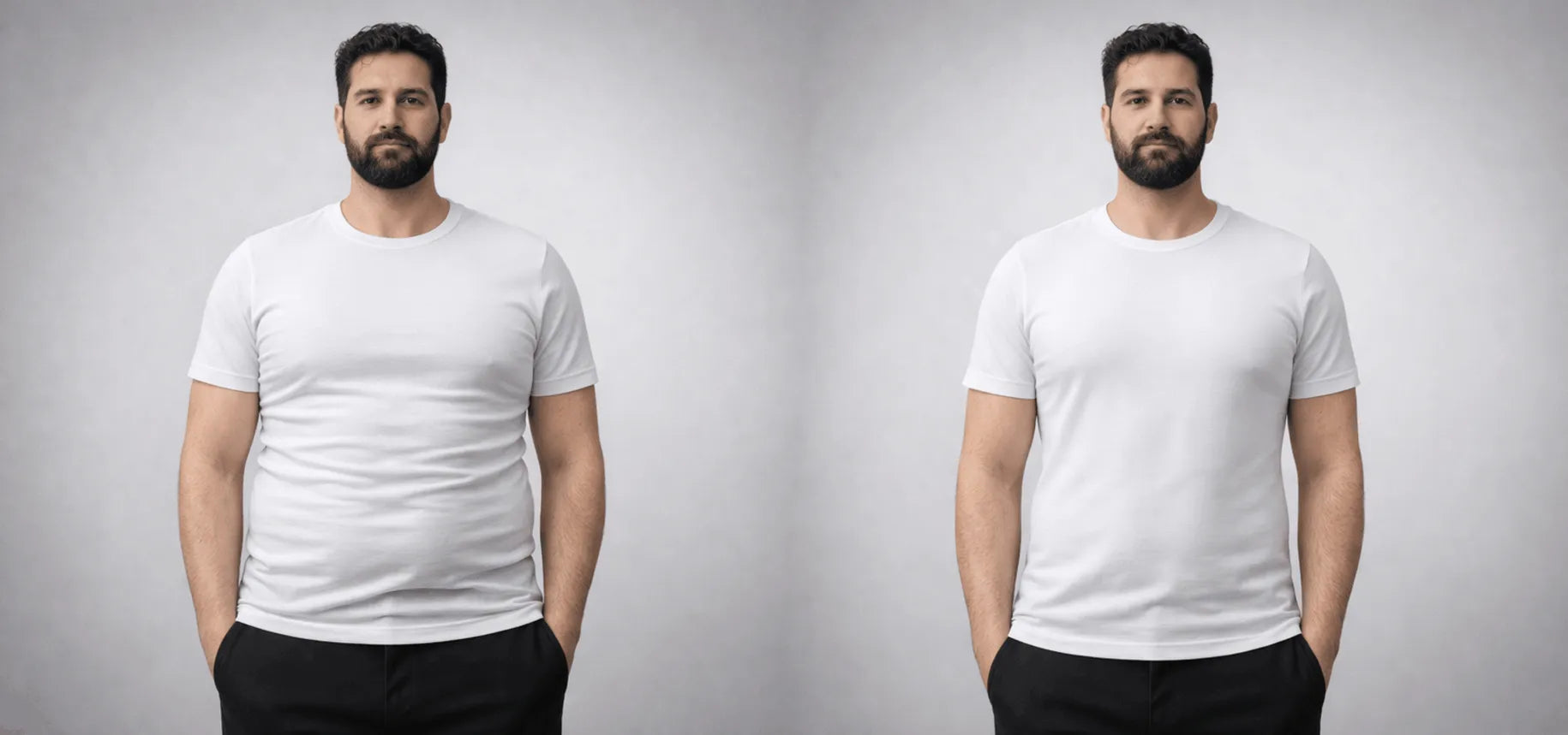 Before and after comparison of a man wearing a white t-shirt showing flatter stomach and smoother chest with VEROSHAPE men’s compression undershirt underneath clothing