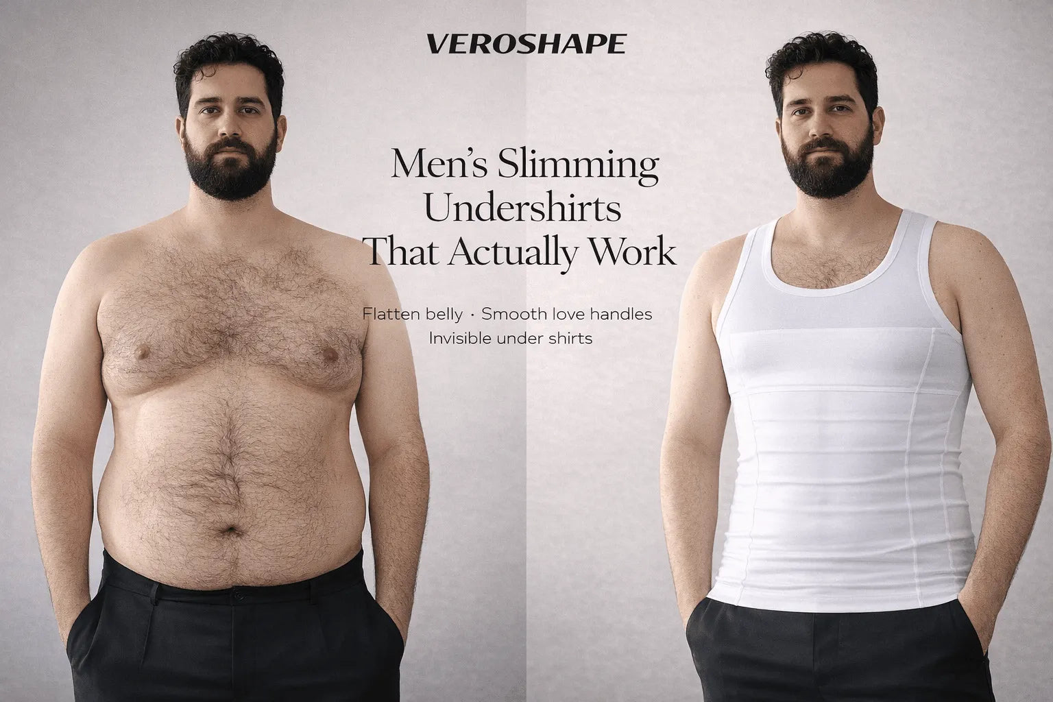 Before and after wearing a VeroSHAPE men's slimming undershirt showing a flatter stomach and smoother torso