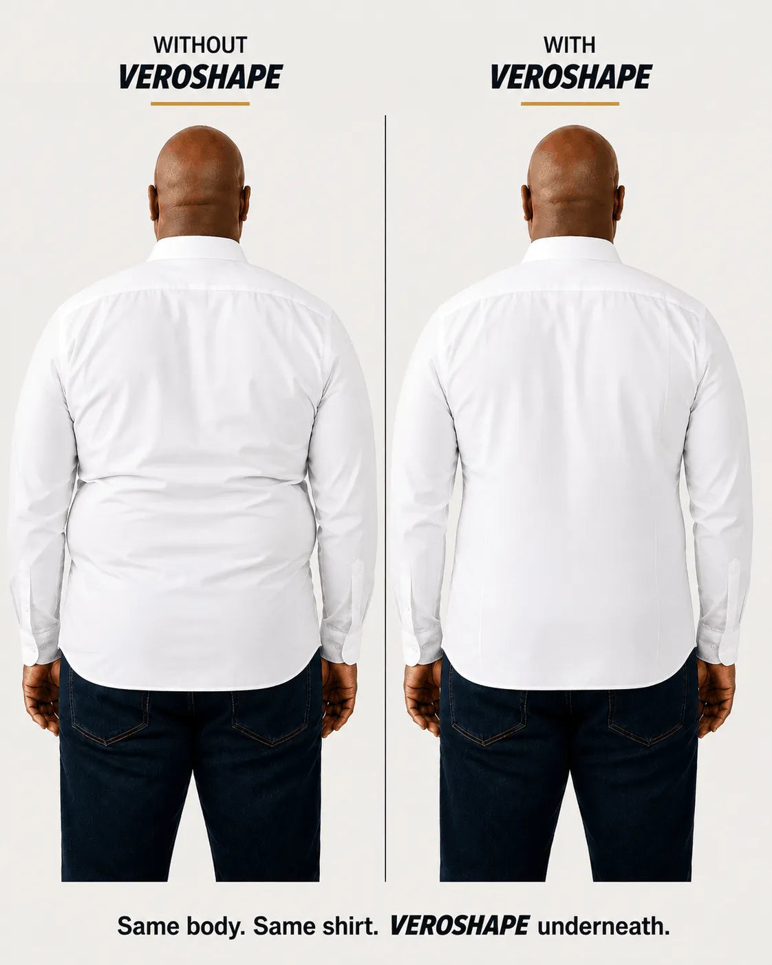 Same man in a white untucked shirt without and with VEROSHAPE, showing reduced love-handle outlines
