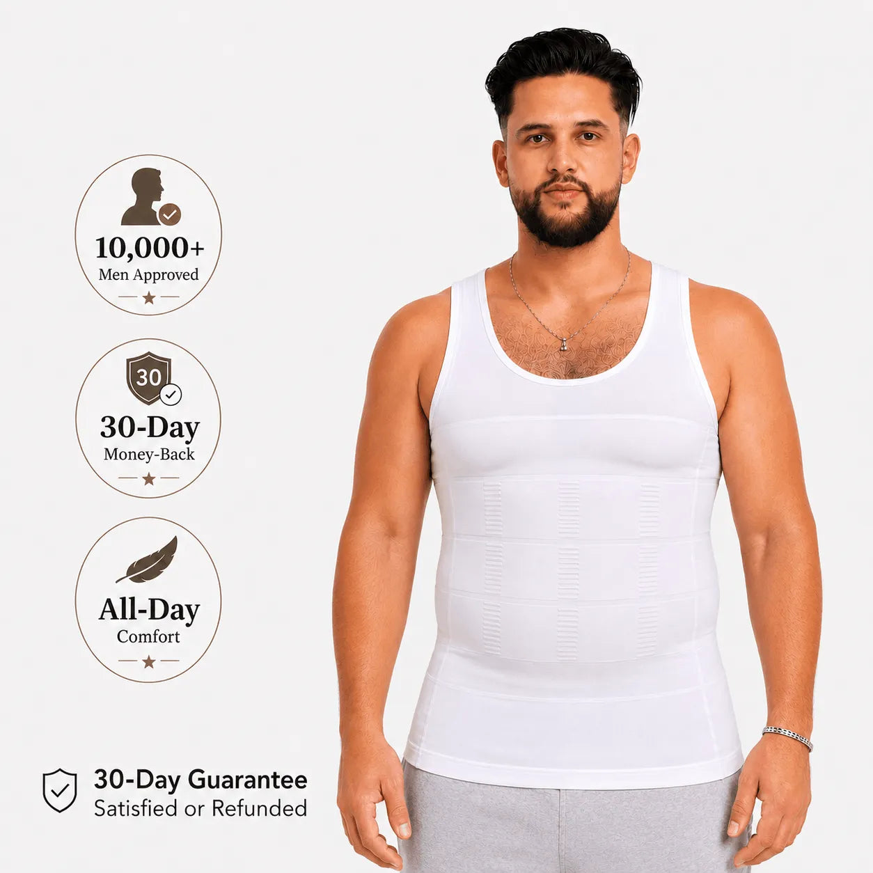 Man wearing the white VEROSHAPE compression tank with callouts for men-approved comfort and the 30-day money-back guarantee.